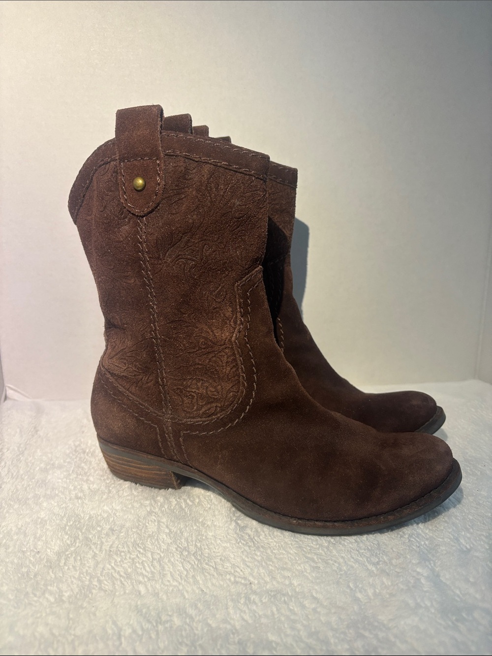Fossil Brown Suede Embossed Western Ankle Boot